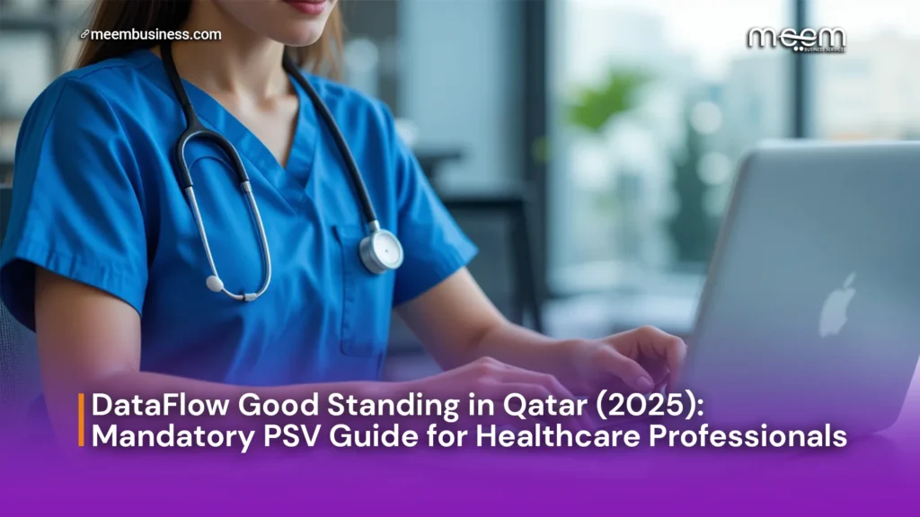 Healthcare professional in Qatar preparing documents for DataFlow Good Standing PSV verification