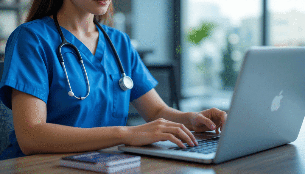 Healthcare professional in Qatar preparing documents for DataFlow Good Standing PSV verification