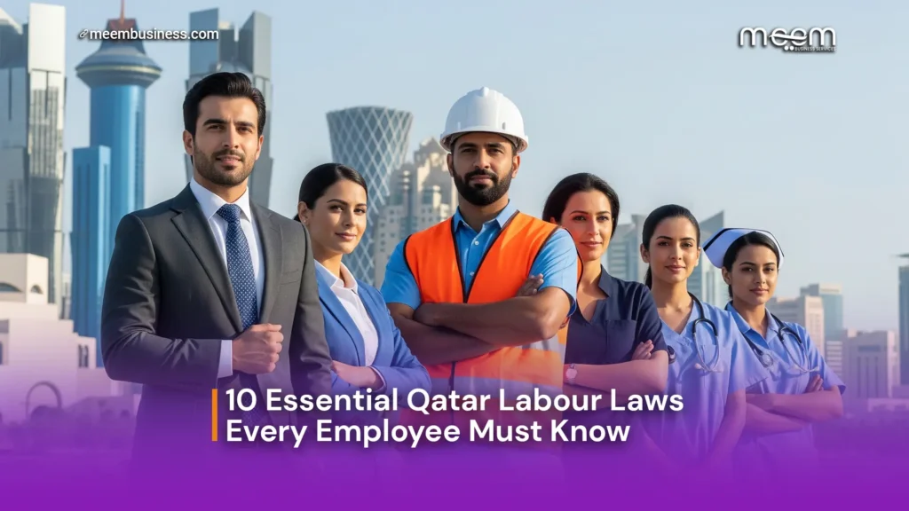 Photo of diverse employees in Qatar standing against Doha skyline, symbolizing worker rights under 2025 labour law