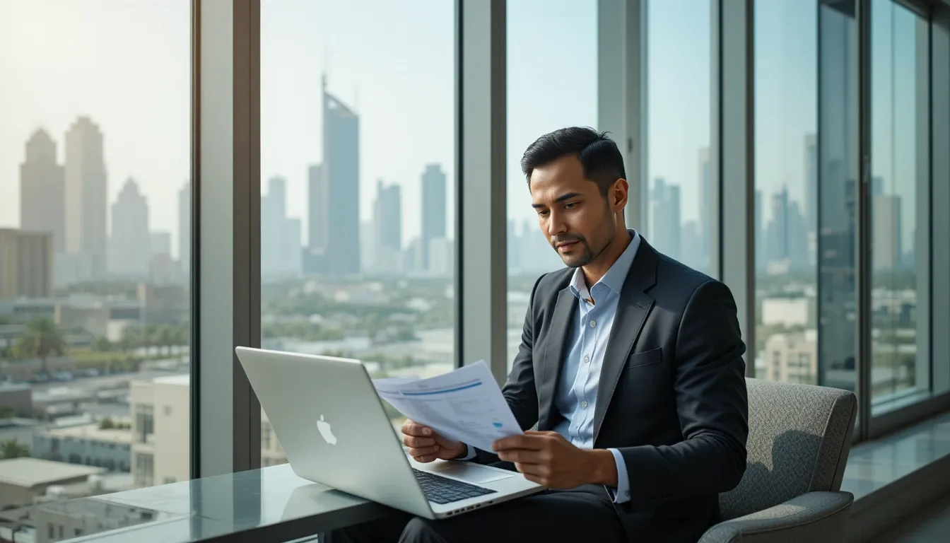 Foreign entrepreneur reviewing company setup papers in Doha office with city view.