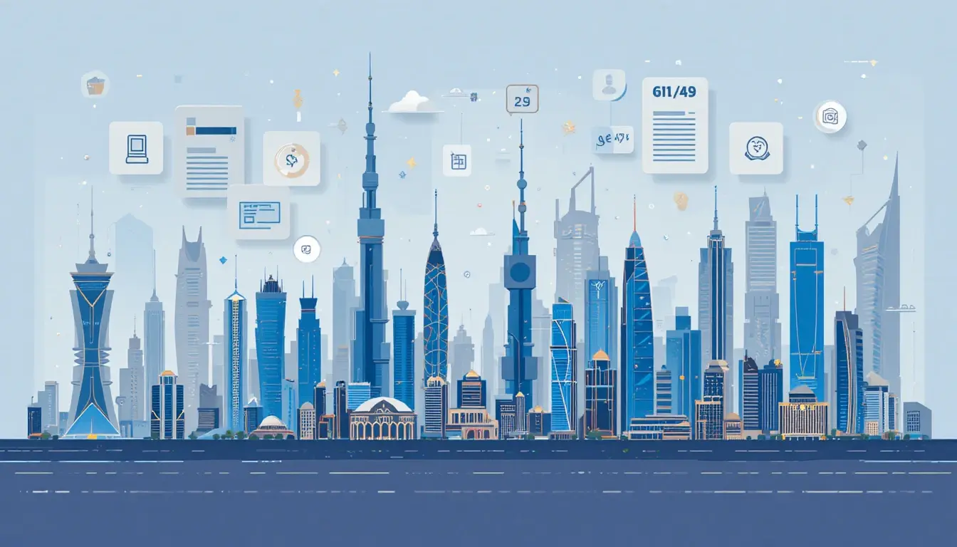 Illustration of business formation in Qatar showing Doha skyline, legal documents, and a 5149 share structure to represent the role of a local sponsor in Qatar