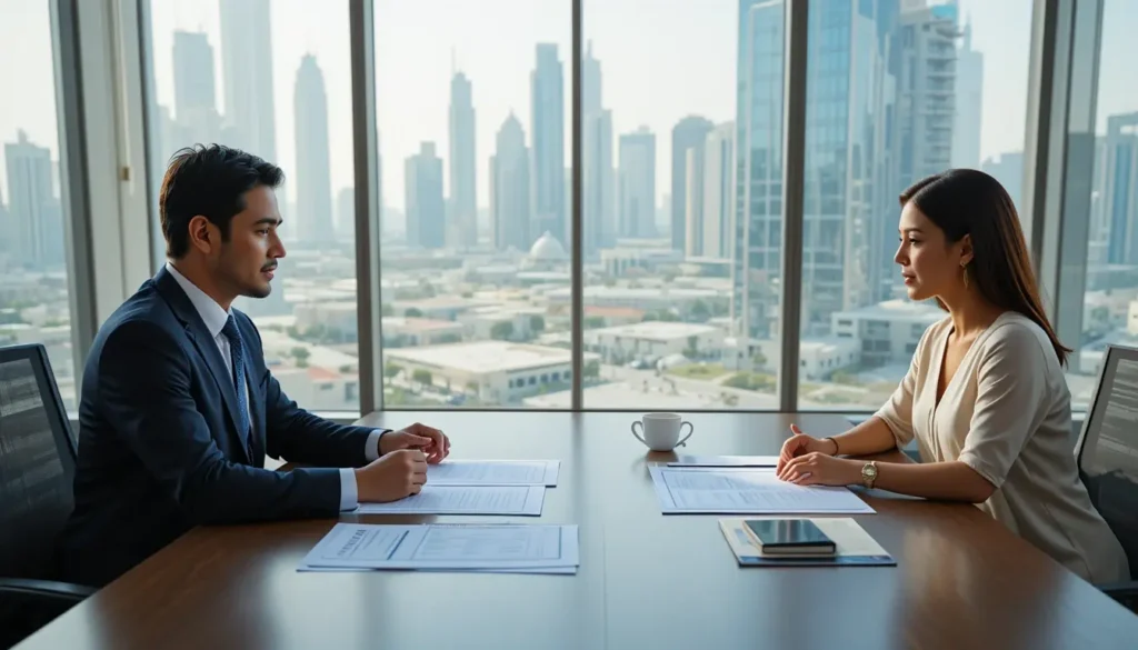 Opening a branch office in Qatar – business registration process with consultant and client in Doha office.