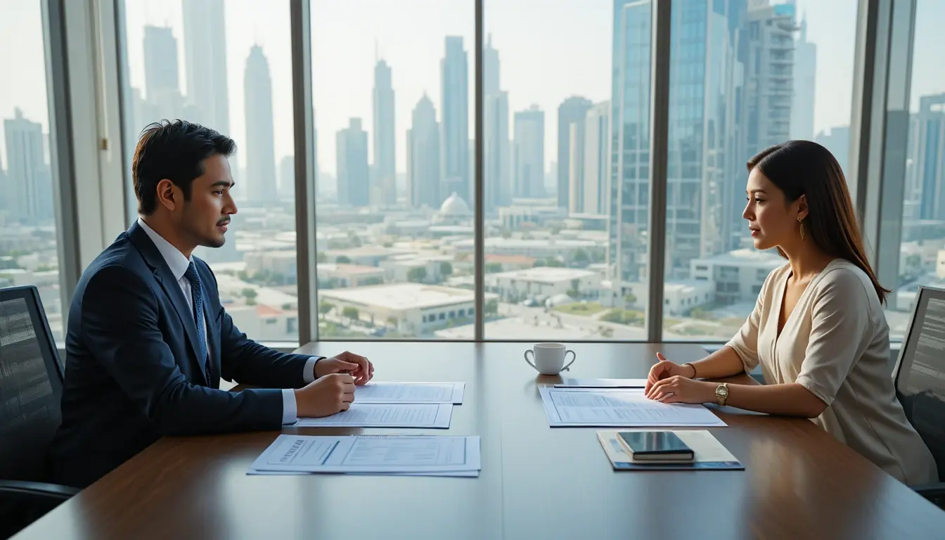 Opening a branch office in Qatar – business registration process with consultant and client in Doha office.