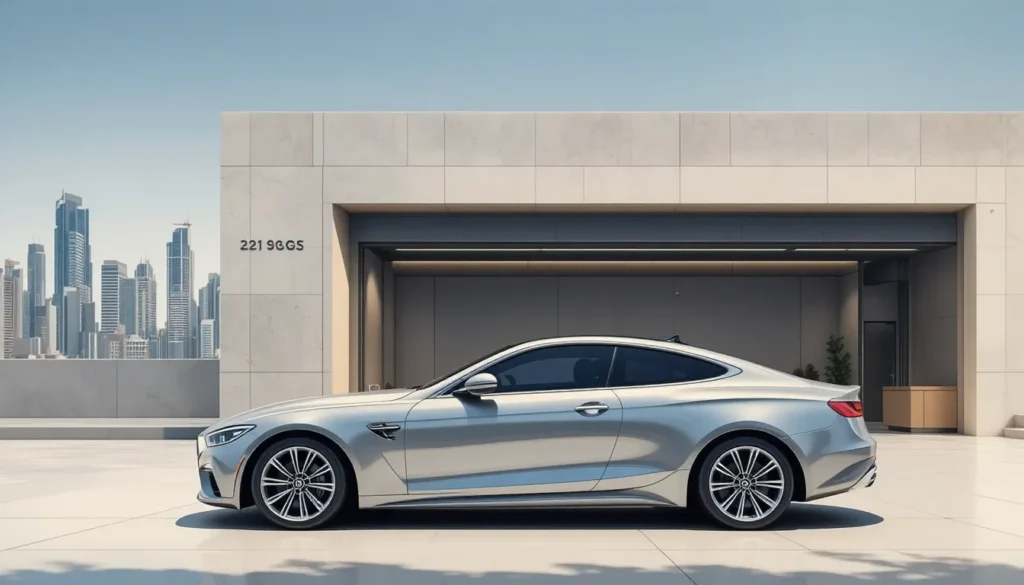 Premium car detailing studio with a shiny car and Doha skyline behind. one of the car business ideas in qatar