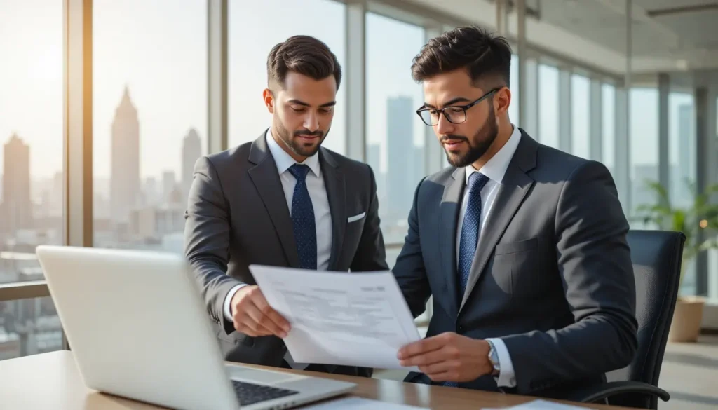 Two professionals reviewing LLC company formation documents in a modern Doha office with city skyline view.