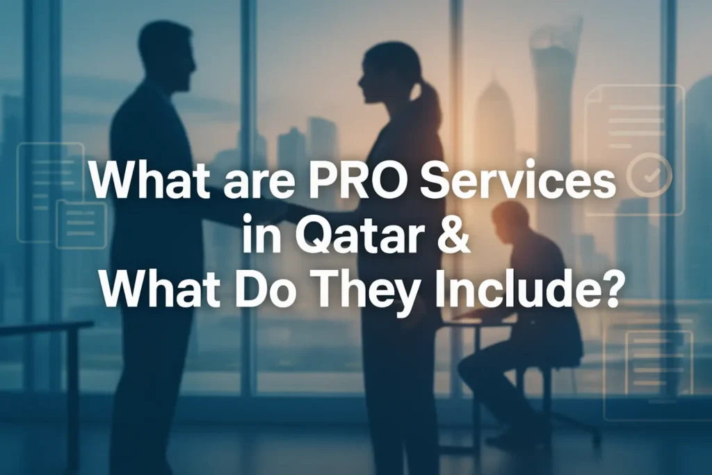 Cover image explaining PRO services in Qatar, showing business professionals discussing government documentation and compliance.