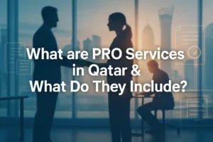 Cover image explaining PRO services in Qatar, showing business professionals discussing government documentation and compliance.