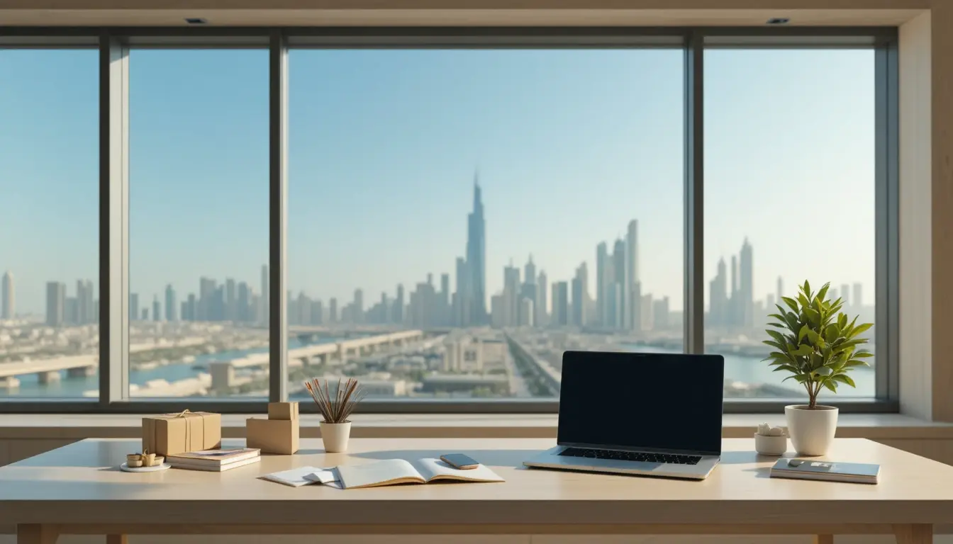 Low investment business ideas in Qatar 2025, showing a small startup workspace with digital tools and Doha skyline