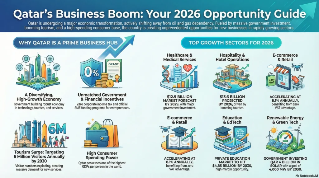 Infographic showing Qatar’s business growth sectors and economic opportunities for 2026