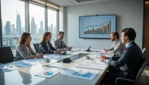 A group of professionals in a modern meeting room reviewing printed charts and financial reports on the table. A large screen shows qatar ecommerce market and growth graphs. Natural lighting, business-casual real environment, Doha skyline in background, premium editorial style.