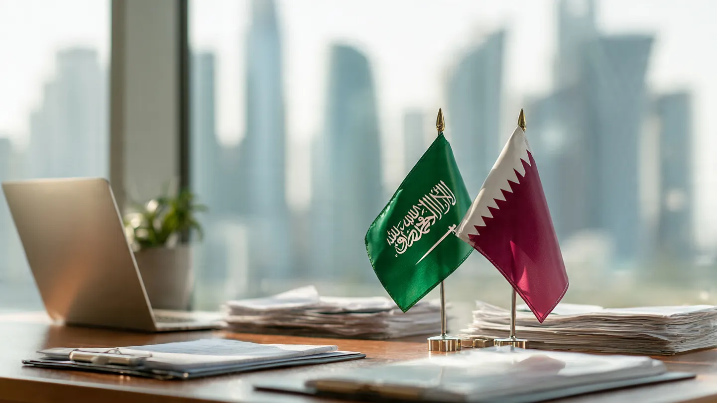 Photorealistic office desk with laptop, business documents, and Saudi Arabia and Qatar desk flags, representing opening a company in Qatar from Saudi Arabia.