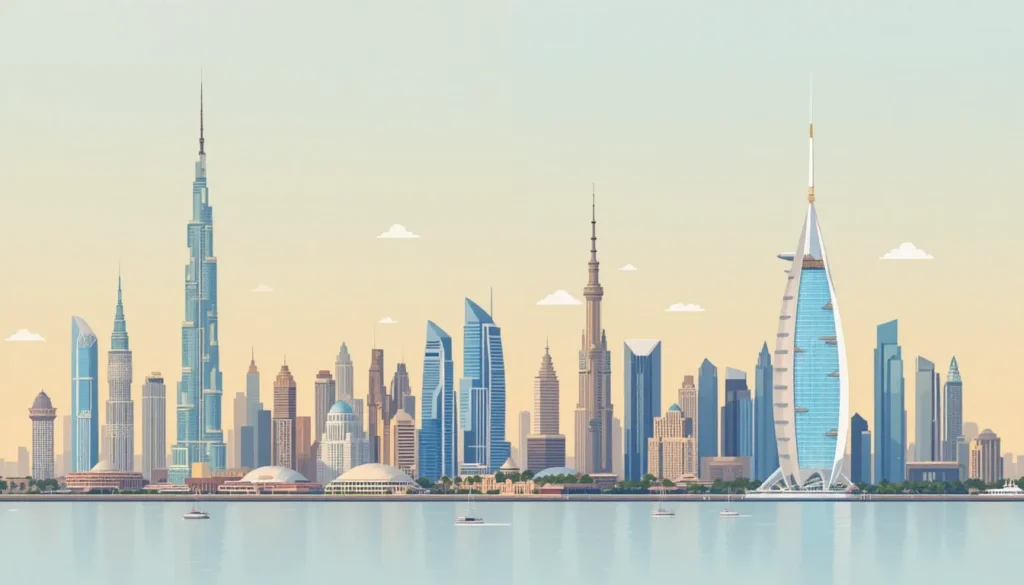 Split skyline illustration of Qatar and UAE landmarks, Doha West Bay and Dubai, for a guide on company formation in Qatar from the UAE