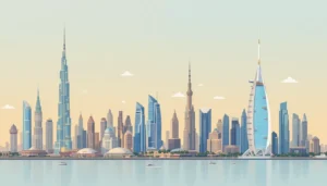 Split skyline illustration of Qatar and UAE landmarks, Doha West Bay and Dubai, for a guide on company formation in Qatar from the UAE