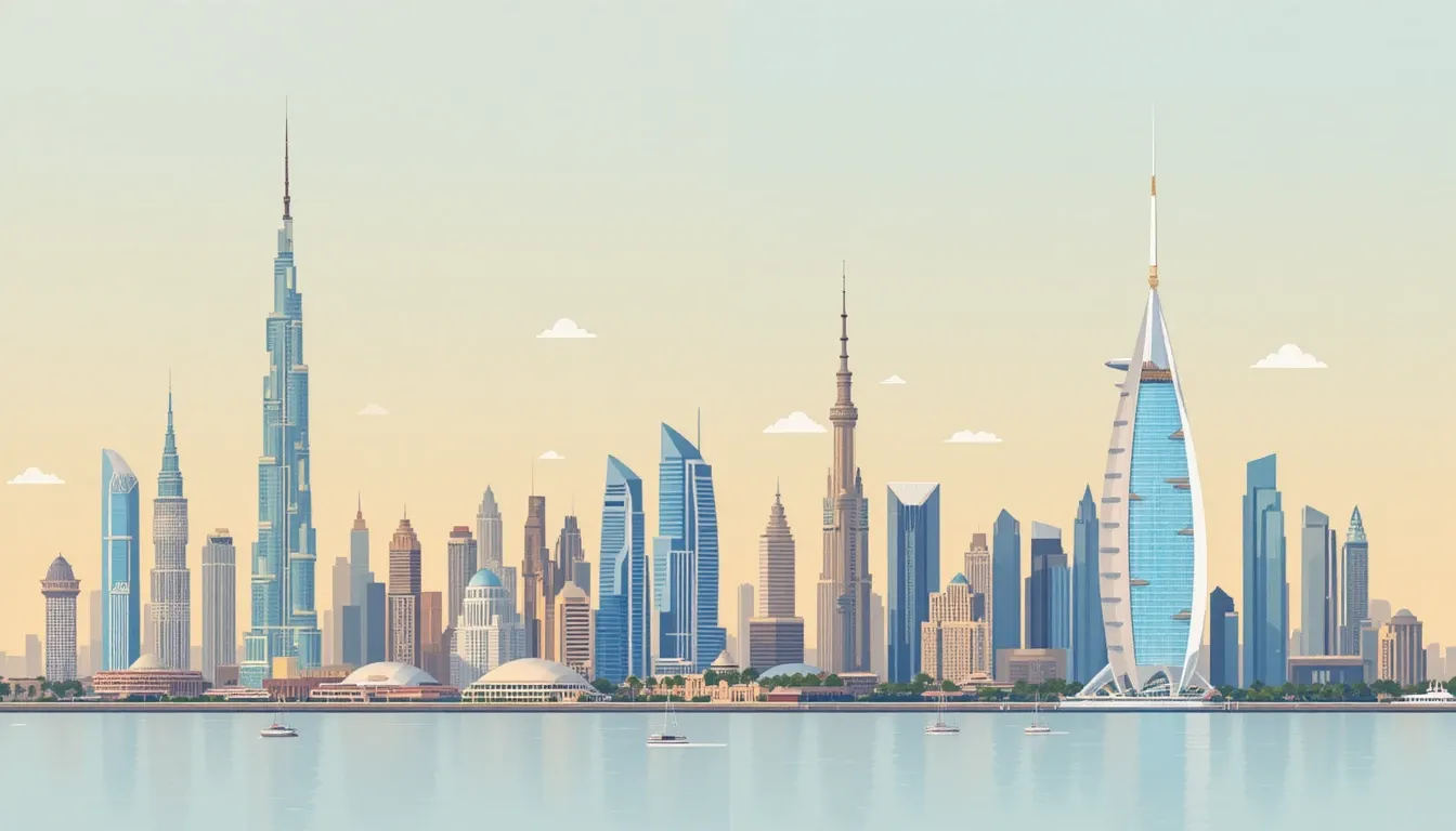 Split skyline illustration of Qatar and UAE landmarks, Doha West Bay and Dubai, for a guide on company formation in Qatar from the UAE