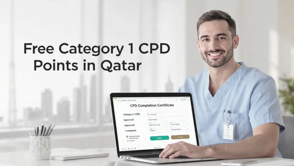 Free Category 1 CPD Points in Qatar 2026 featured image showing a healthcare professional using a laptop to access an accredited online Category 1 CPD certificate.