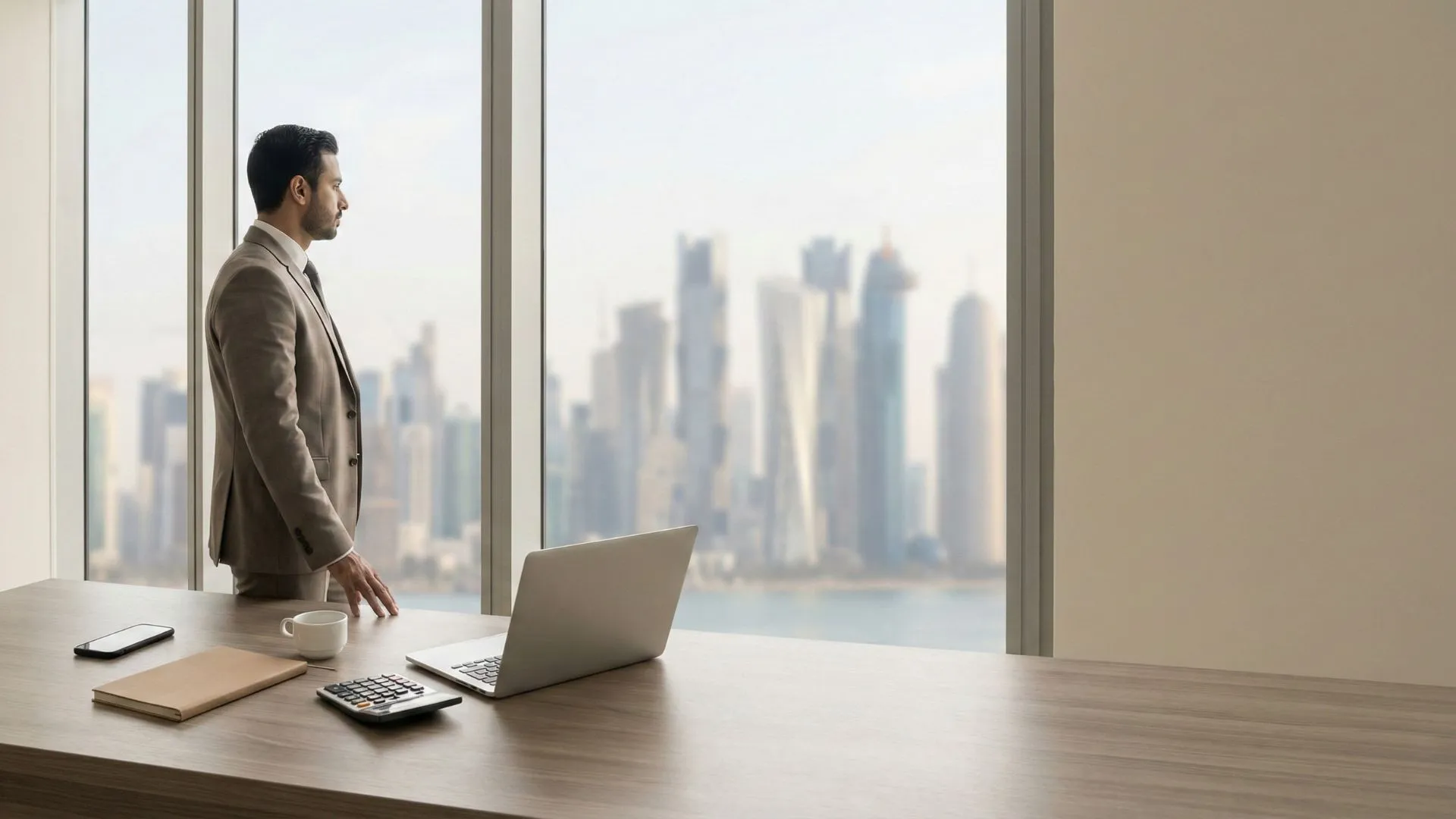 Lean budget business ideas in Qatar with entrepreneur planning a small startup in Doha office overlooking the Qatar skyline