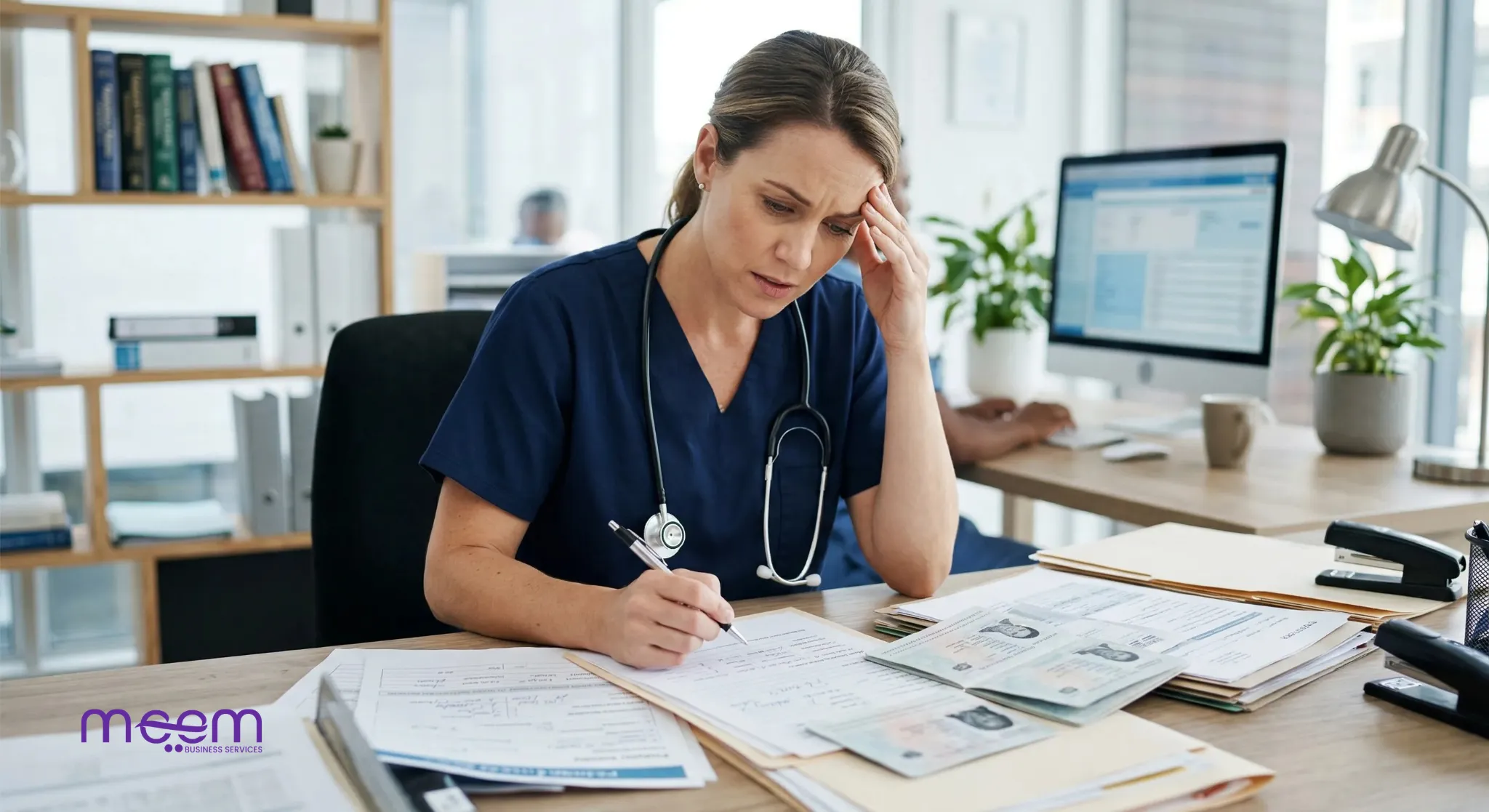 Healthcare professional reviewing documents to avoid mistakes in Qatar medical license applications.