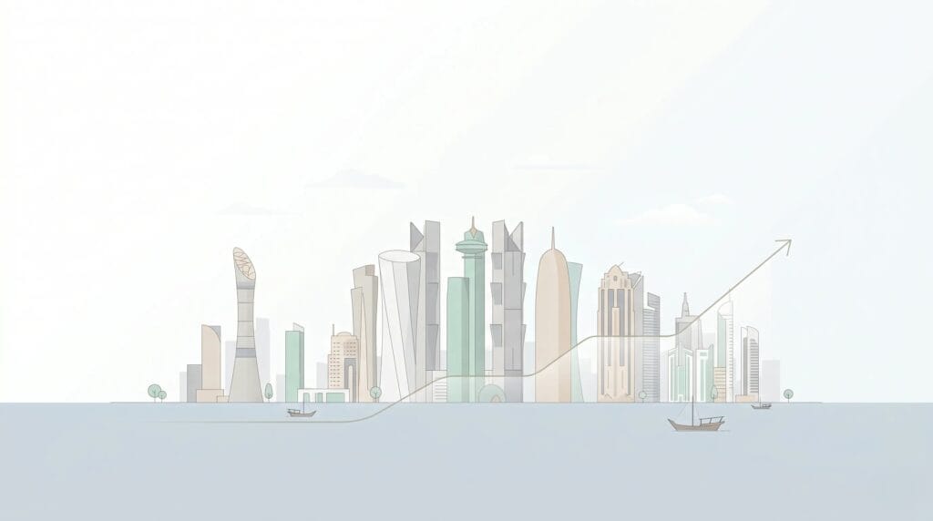 business growth strategies in Qatar 2026 illustration with Doha skyline and corporate planning concept