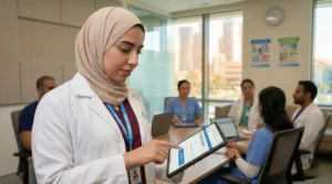 A female physician in a white coat and hijab in Doha, Qatar, using a tablet to complete her hamad CPD program registration before attending a medical conference workshop.