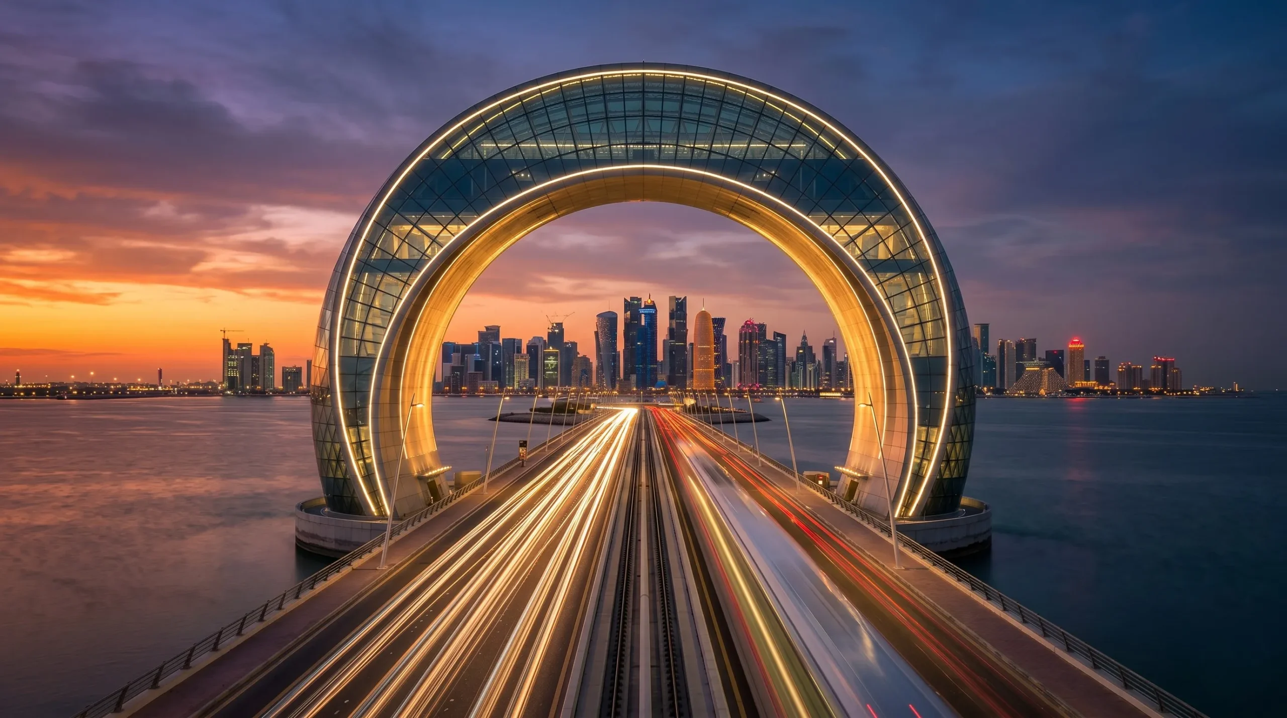 Futuristic glowing archway framing Doha West Bay skyline at sunset, symbolizing fast company registration in Qatar