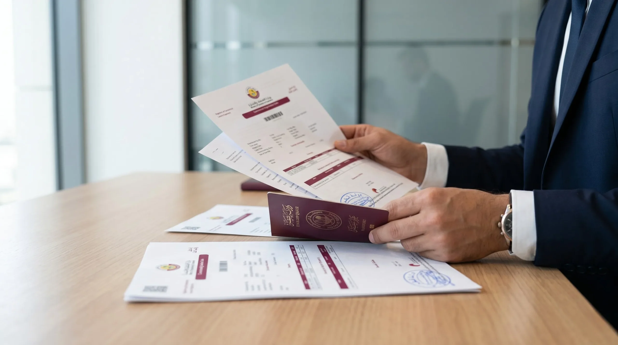Professional reviewing company registration documents in Qatar with passport and legal papers on a modern desk