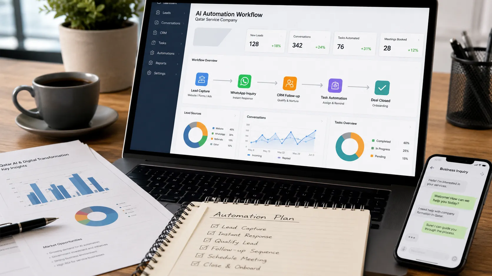 AI automation workflow dashboard for business lead management and CRM follow-up