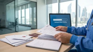 Healthcare professional preparing documents for Qatar medical license evaluation and verification process