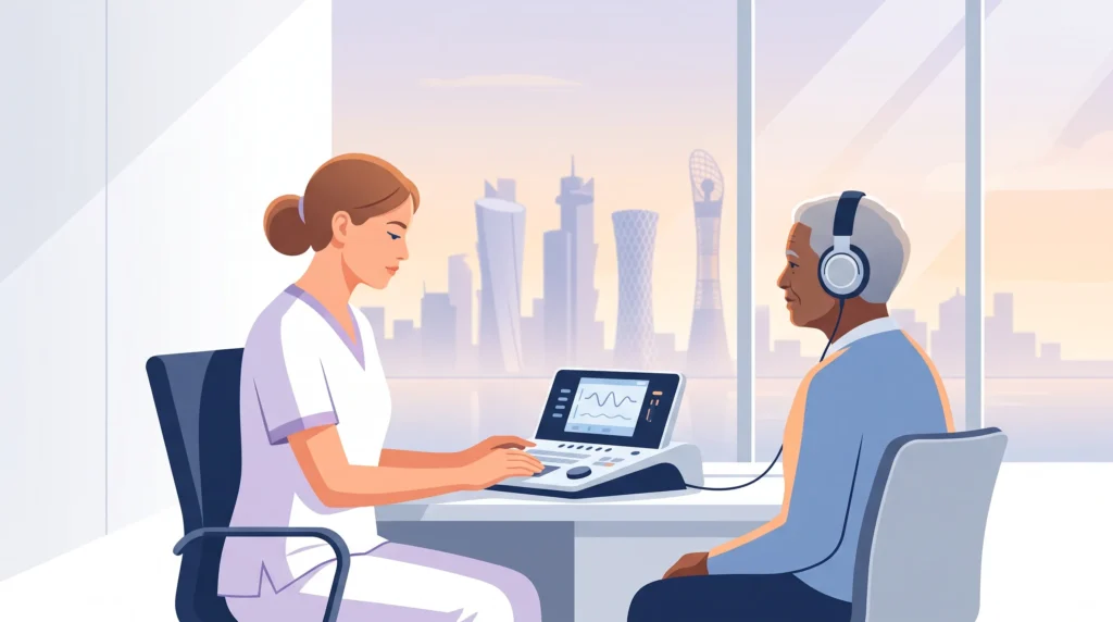 Audiology professional conducting a hearing test for licensing guidance in Qatar