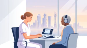 Audiology professional conducting a hearing test for licensing guidance in Qatar