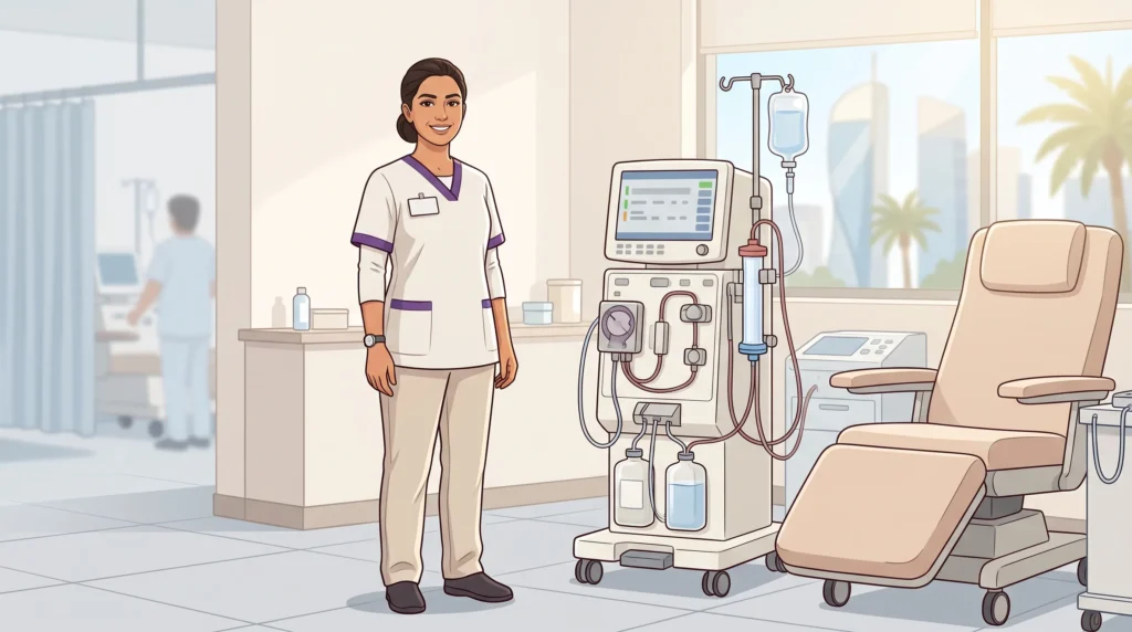Illustration of a dialysis professional preparing for healthcare licensing and work in Qatar