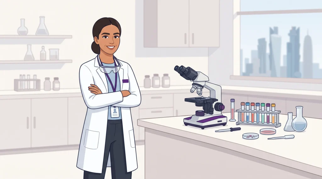 Illustration of a laboratory professional preparing for medical licensing and work in Qatar