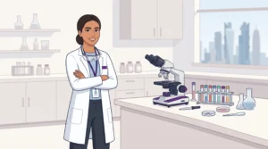 Illustration of a laboratory professional preparing for medical licensing and work in Qatar