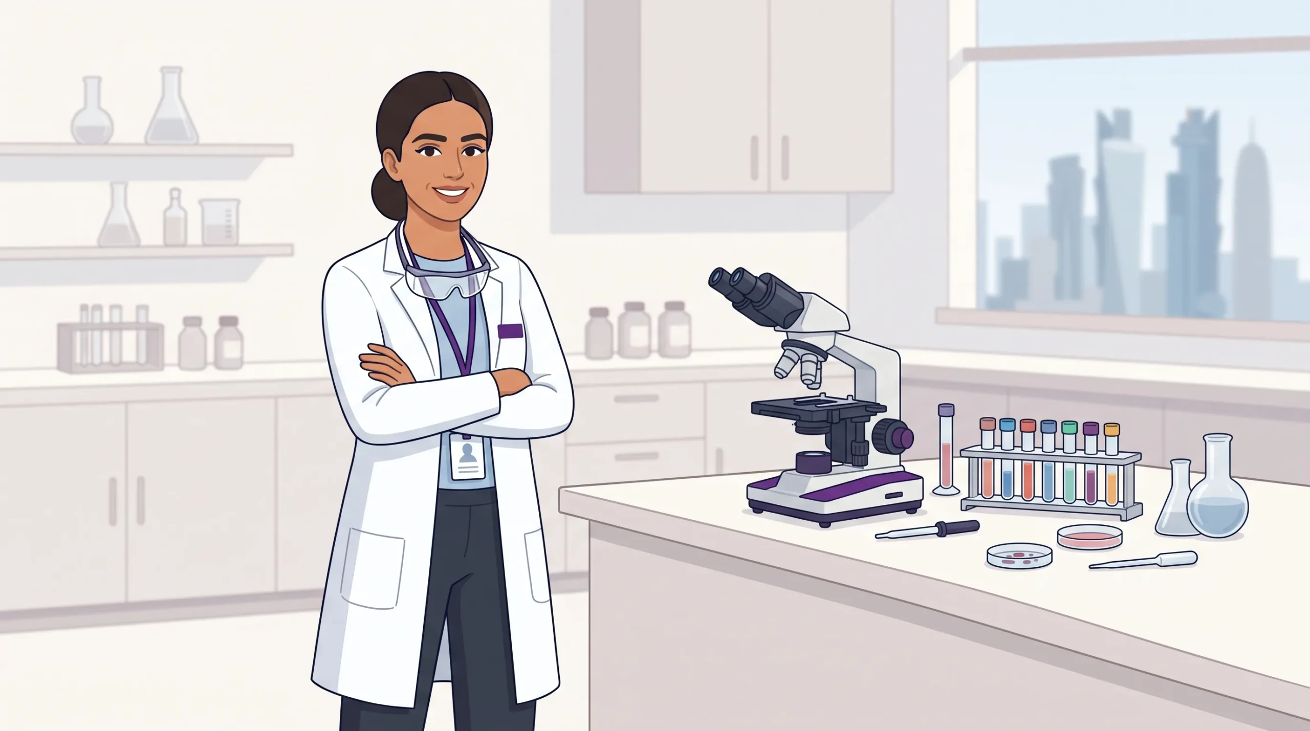 Illustration of a laboratory professional preparing for medical licensing and work in Qatar