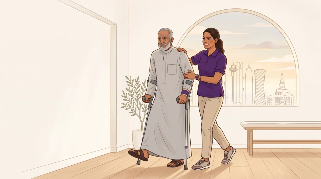 Illustration of a physiotherapist preparing for licensing and career progress in Qatar