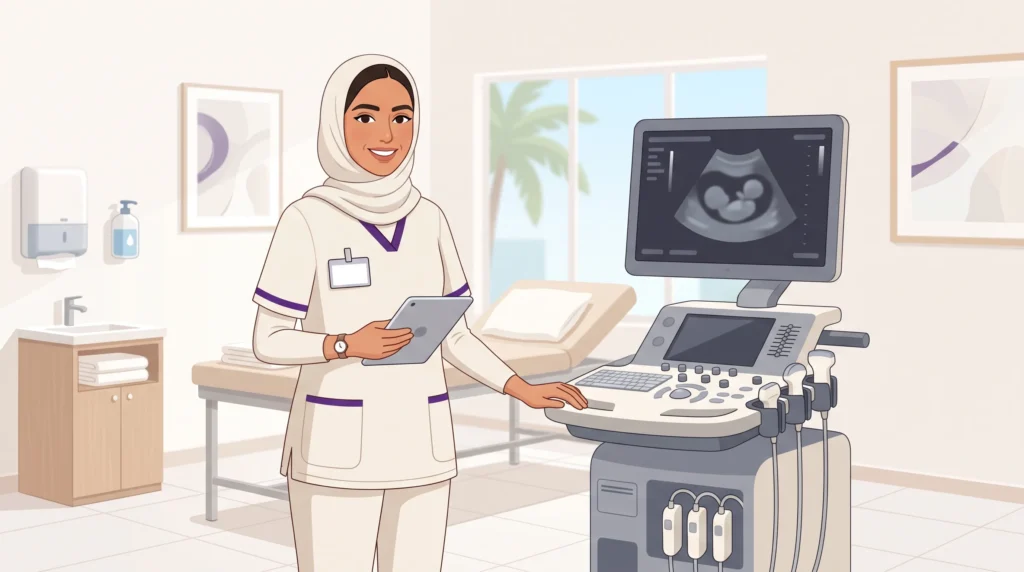 Illustration of a sonographer preparing for healthcare licensing and work in Qatar