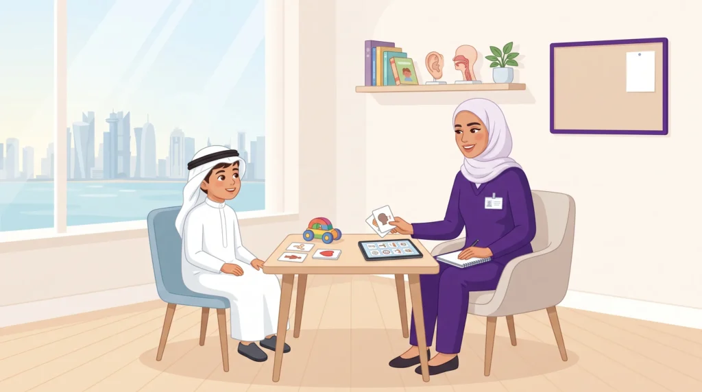 Illustration of a speech-language pathologist preparing for healthcare licensing and work in Qatar