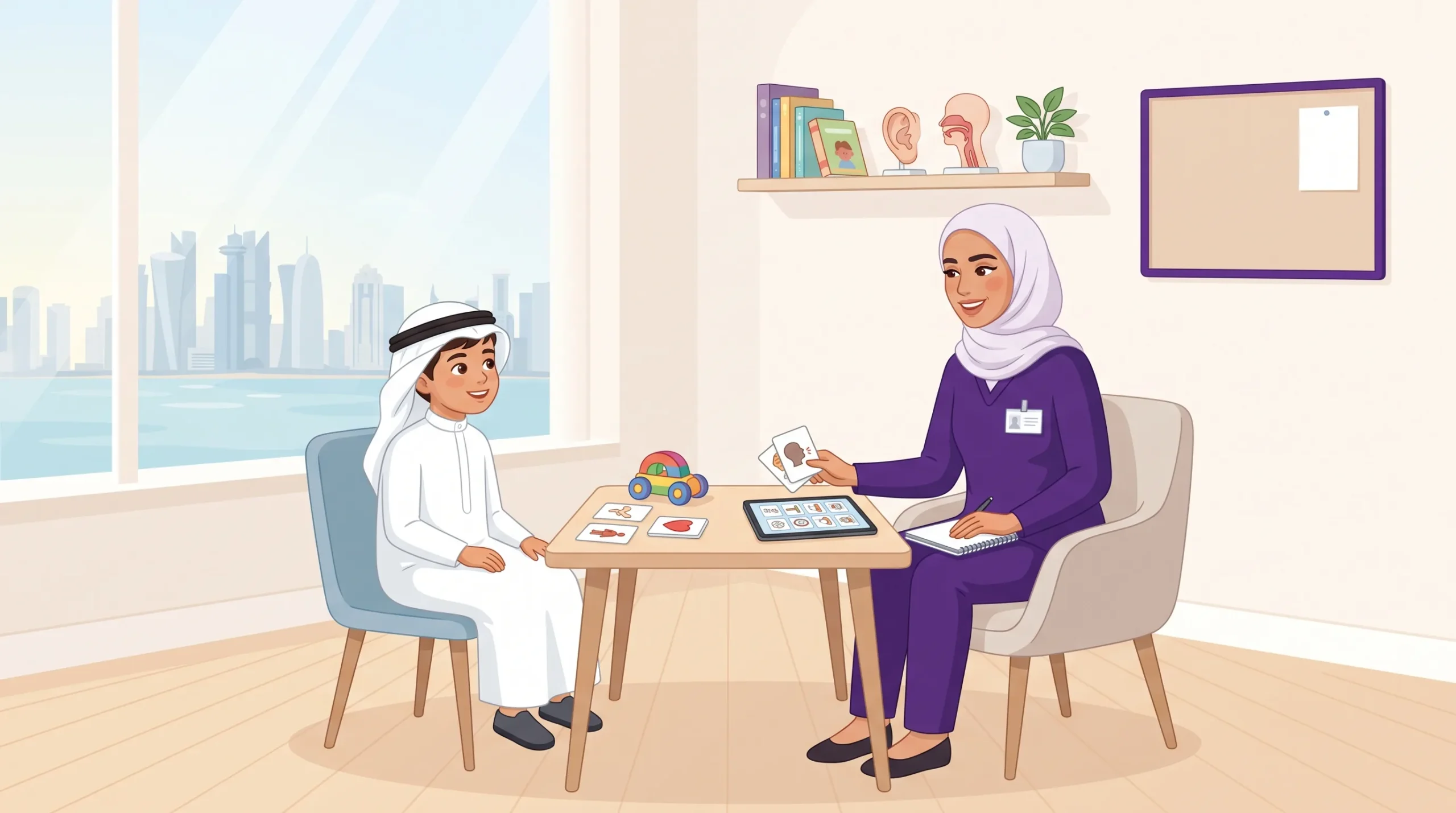 Illustration of a speech-language pathologist preparing for healthcare licensing and work in Qatar