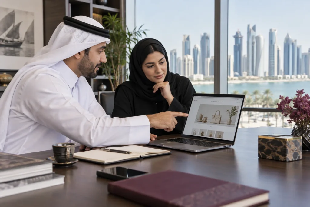 Qatar business owners reviewing an online store before applying for an e-commerce licence