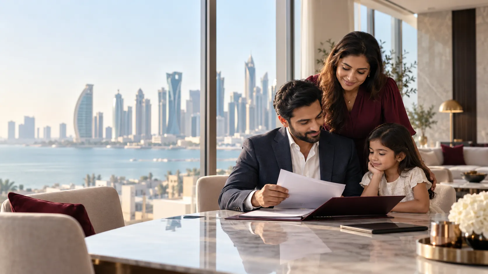 Premium Doha family scene representing Qatar family visa, family residence visa, sponsorship requirements, and family relocation to Qatar.