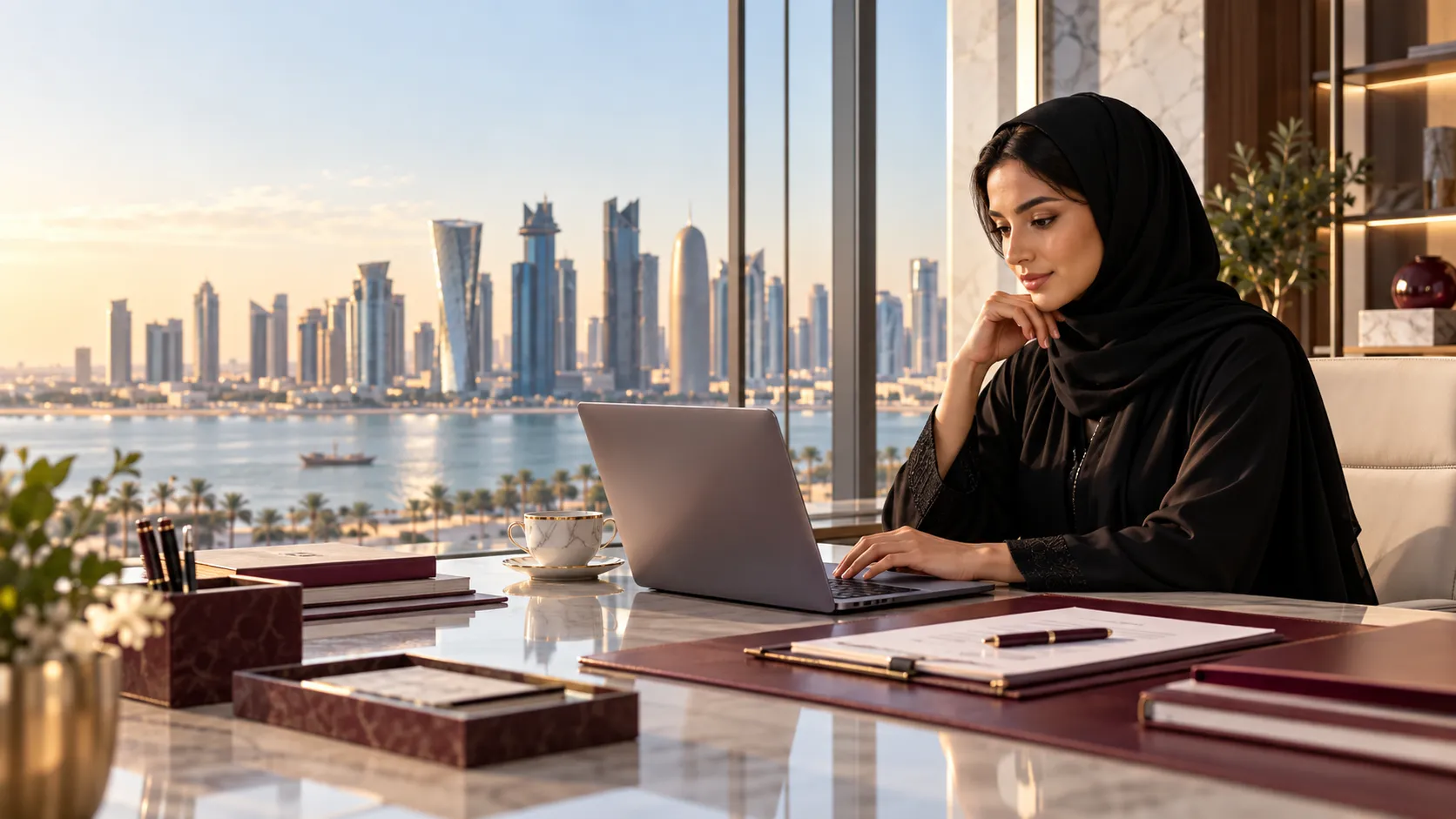 Premium Doha business office scene representing Single Window Qatar company formation, Commercial Registration (CR), trade licensing and business setup.