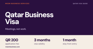 Qatar Business Visa cover with the QR 200 fee, three-month validity and one-month stay.