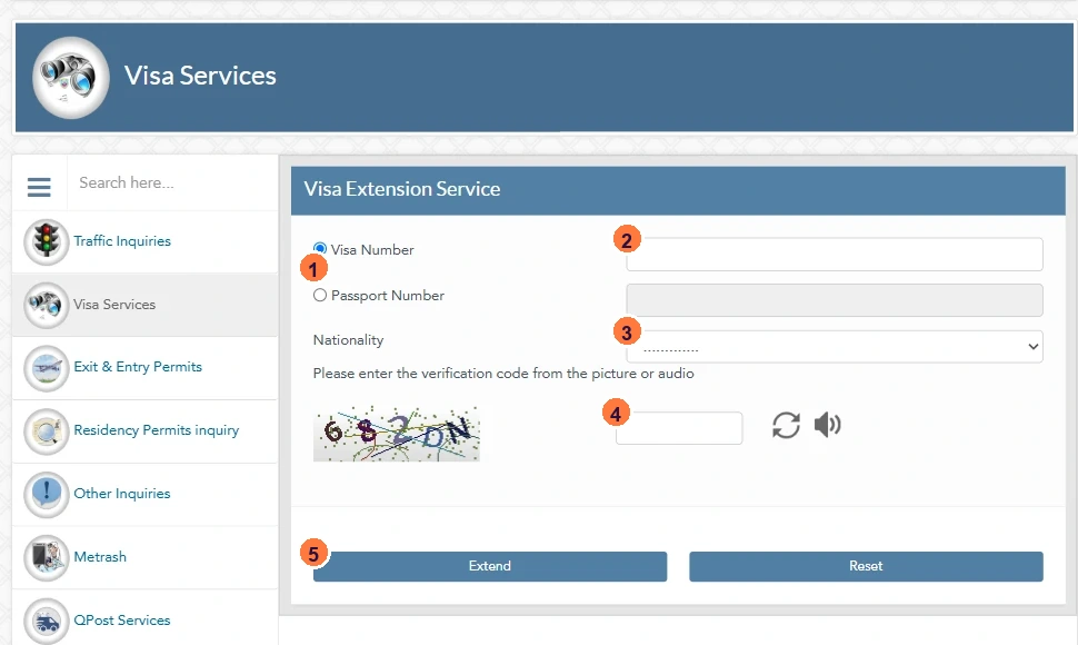MOI Visa Extension Service form with visa or passport number, nationality, CAPTCHA and Extend button marked.