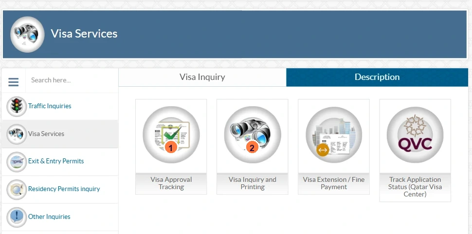 MOI Visa Services page with Visa Approval Tracking marked 1 and Visa Inquiry and Printing marked 2.