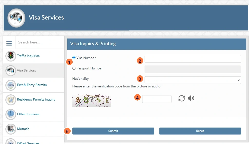 MOI Visa Inquiry and Printing form with the number type, number, nationality, CAPTCHA and Submit marked.